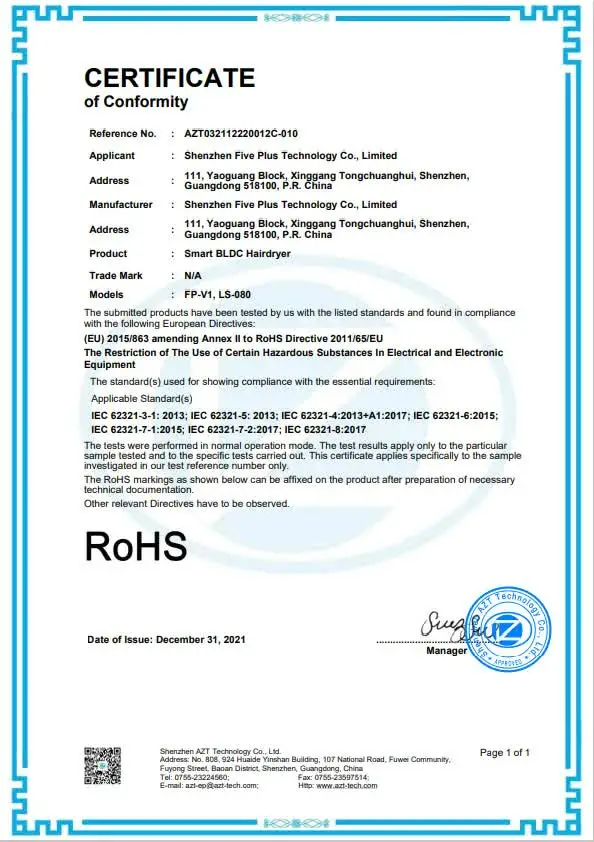 Hair Dryer Rohs Certification